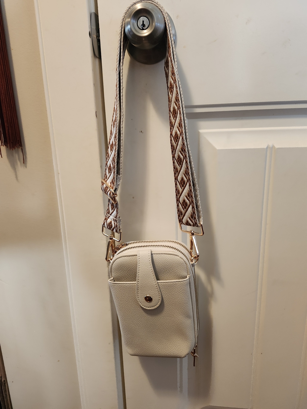 Crossbody Phone Bag with Decorative Strap - Cream
